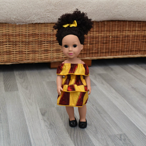 Black Doll in African Print Dress - Black Curly Hair doll - African Doll - Black Baby doll - Mix Race doll