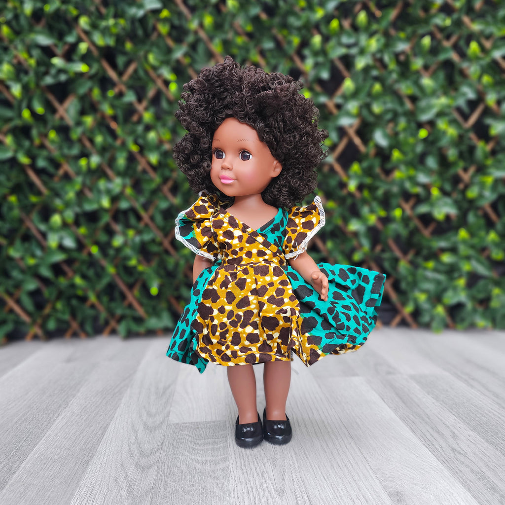 Black Doll - Afro Hair doll - Black Doll in African Print Dress - Nia