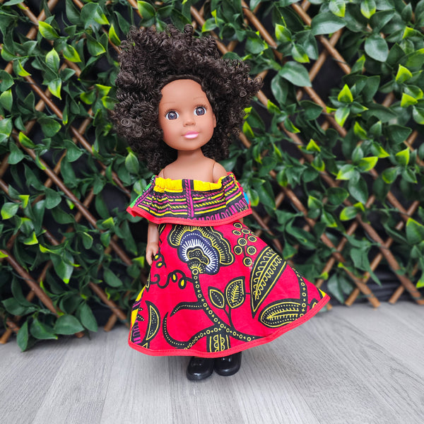 Black Doll - Afro Hair doll - Black Doll in African Print Dress - Nevaeh