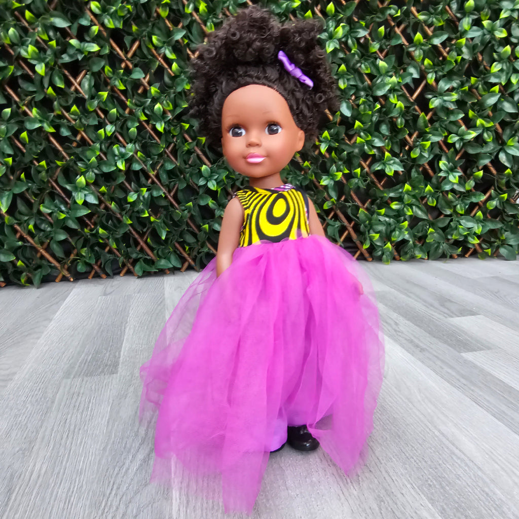 Black Doll - Afro Hair doll - Black Doll in African Print Dress - Yumna