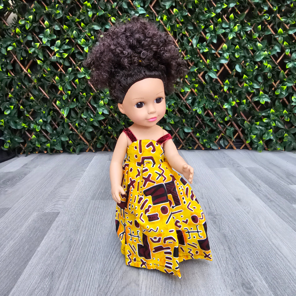 Black Doll - Mix Race Doll - Afro Hair Doll in Ankara Dress - Esinam