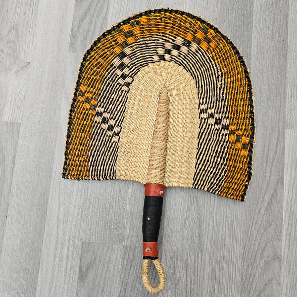 Bolga fan, orange and black straw fan