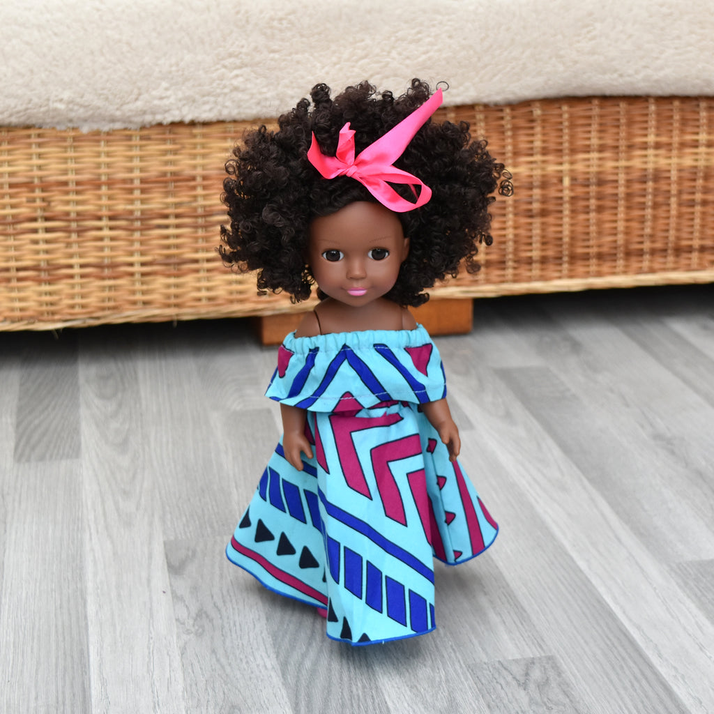 Black Doll in African Print Dress - Black Curly Hair doll - African Doll - Black Baby doll - Mix Race doll