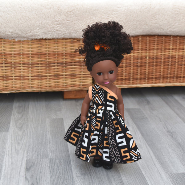 Black Doll in African Print Dress - Black Curly Hair doll - African Doll - Black Baby doll - Mix Race doll