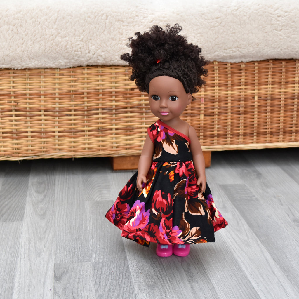 Black Doll in African Print Dress - Black Curly Hair doll - African Doll - Black Baby doll - Mix Race doll