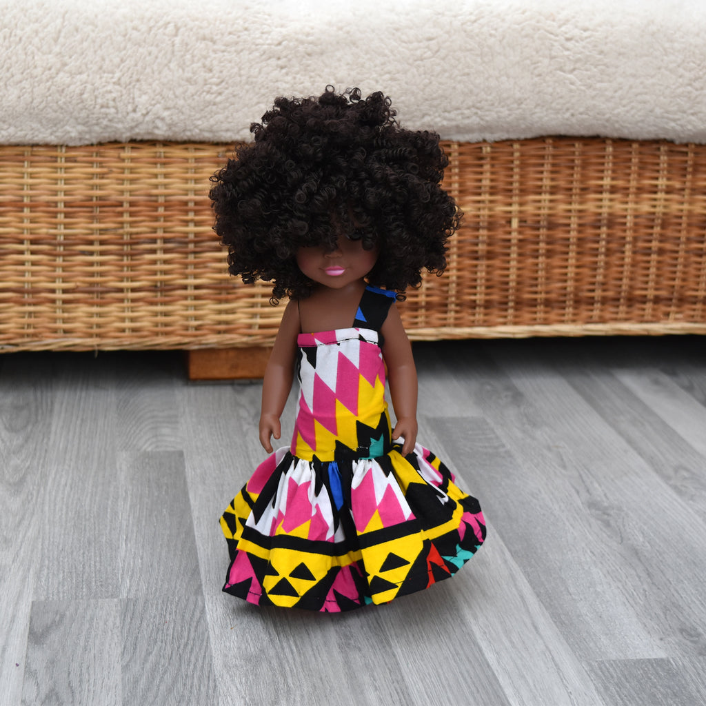 Black Doll in African Print Dress - Black Curly Hair doll - African Doll - Black Baby doll - Mix Race doll