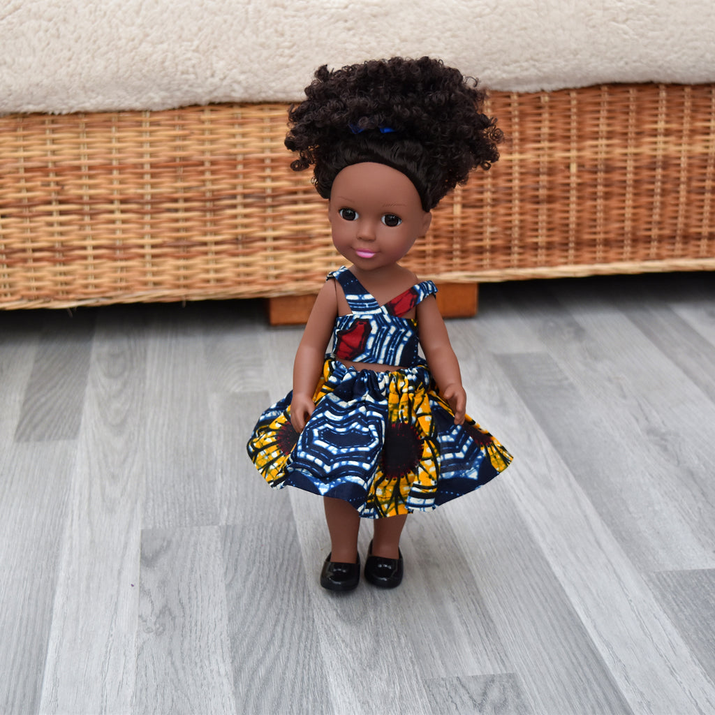 Black Doll in African Print Dress - Black Curly Hair doll - African Doll - Black Baby doll - Mix Race doll