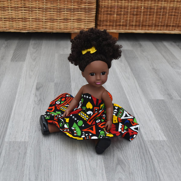 Black Doll in African Print Dress - Black Curly Hair doll - African Doll - Black Baby doll - Mix Race doll