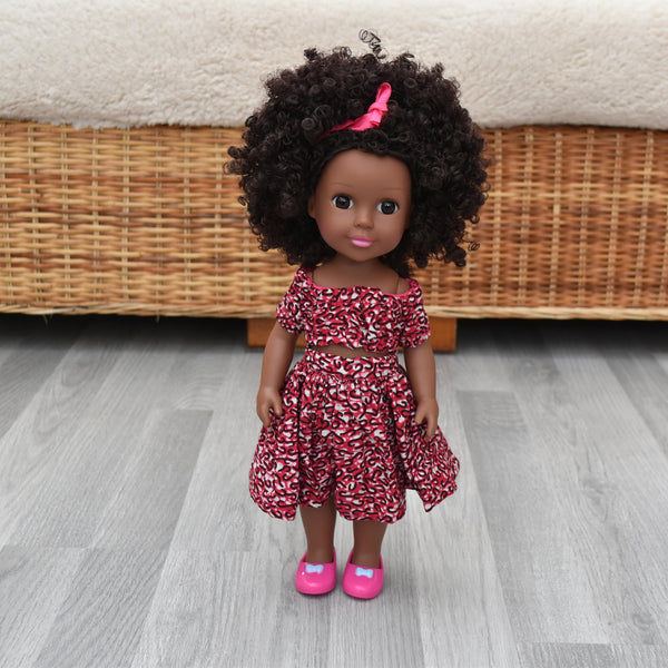 Black Doll in African Print Dress - Black Curly Hair doll - African Doll - Black Baby doll - Mix Race doll