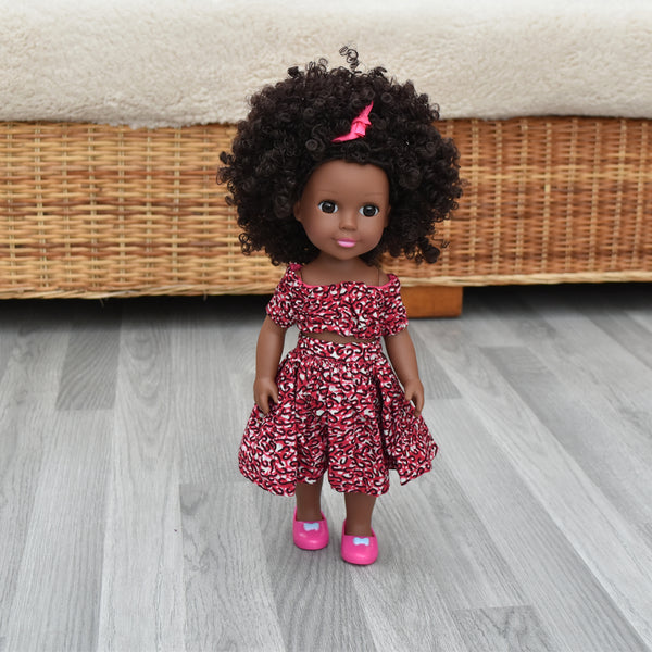 Black Doll in African Print Dress - Black Curly Hair doll - African Doll - Black Baby doll - Mix Race doll