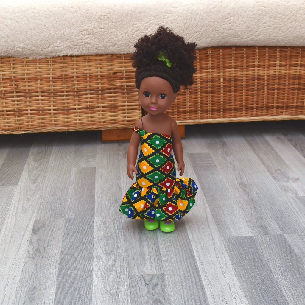 Black Doll in African Print Dress - Black Curly Hair doll - African Doll - Black Baby doll - Mix Race doll