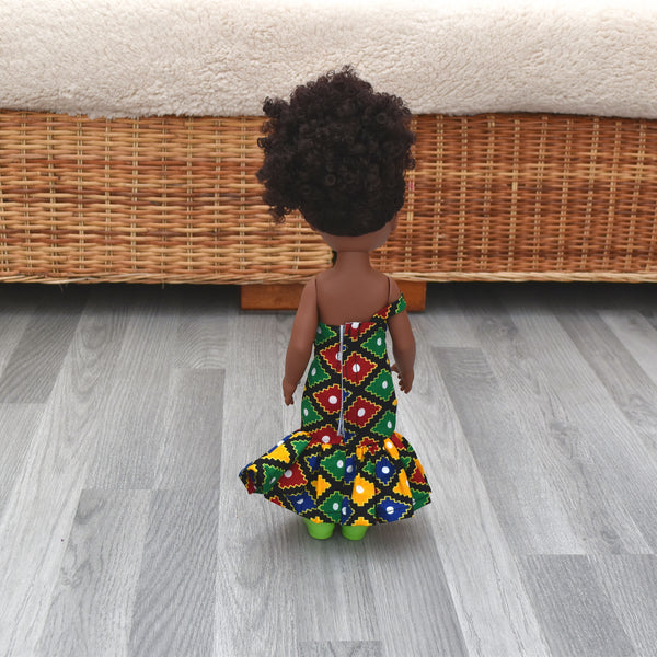 Black Doll in African Print Dress - Black Curly Hair doll - African Doll - Black Baby doll - Mix Race doll