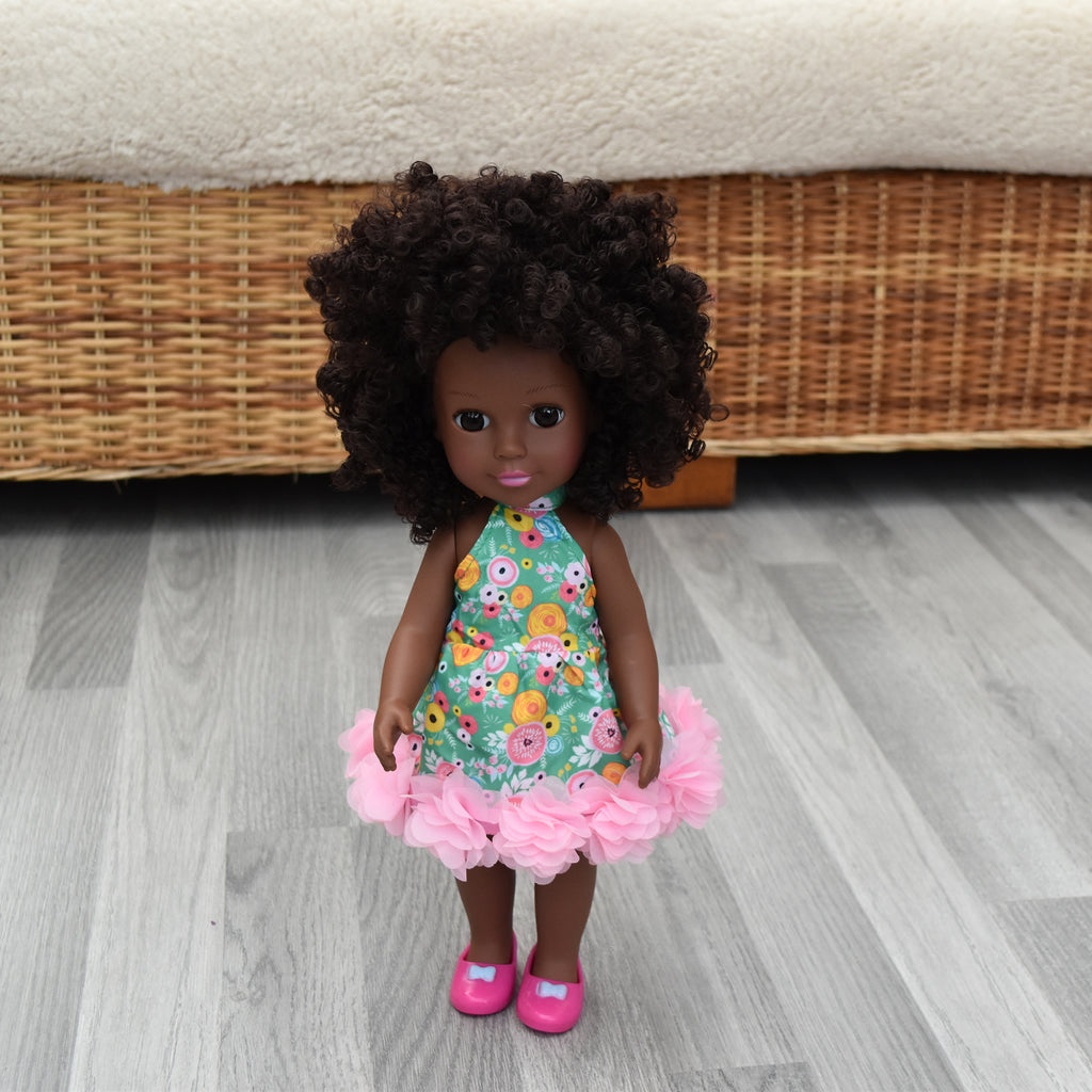 Black Doll in African Print Dress - Black Curly Hair doll - African Doll - Black Baby doll - Mix Race doll