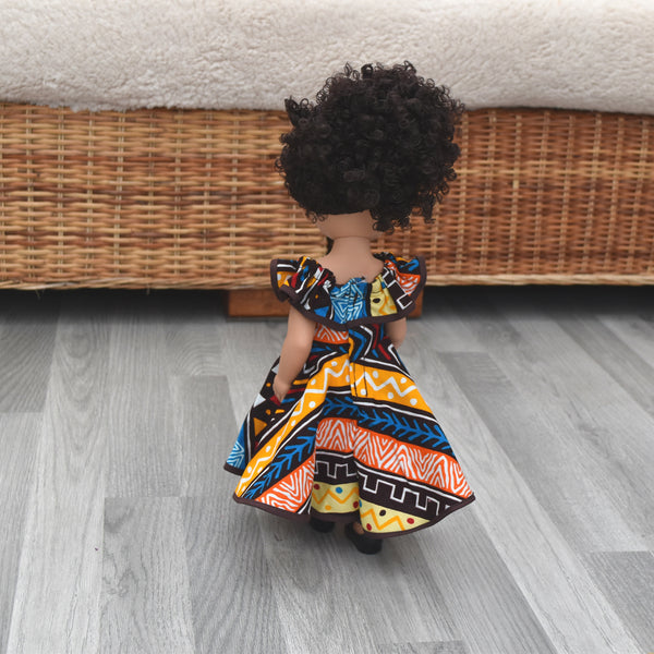 Black Doll in African Print Dress - Black Curly Hair doll - African Doll - Black Baby doll - Mix Race doll