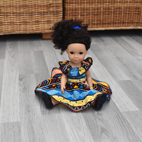 Black Doll in African Print Dress - Black Curly Hair doll - African Doll - Black Baby doll - Mix Race doll