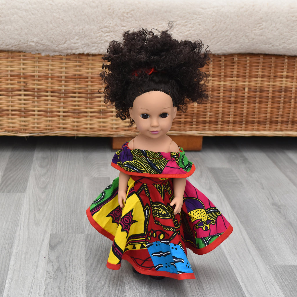 Black Doll in African Print Dress - Black Curly Hair doll - African Doll - Black Baby doll - Mix Race doll