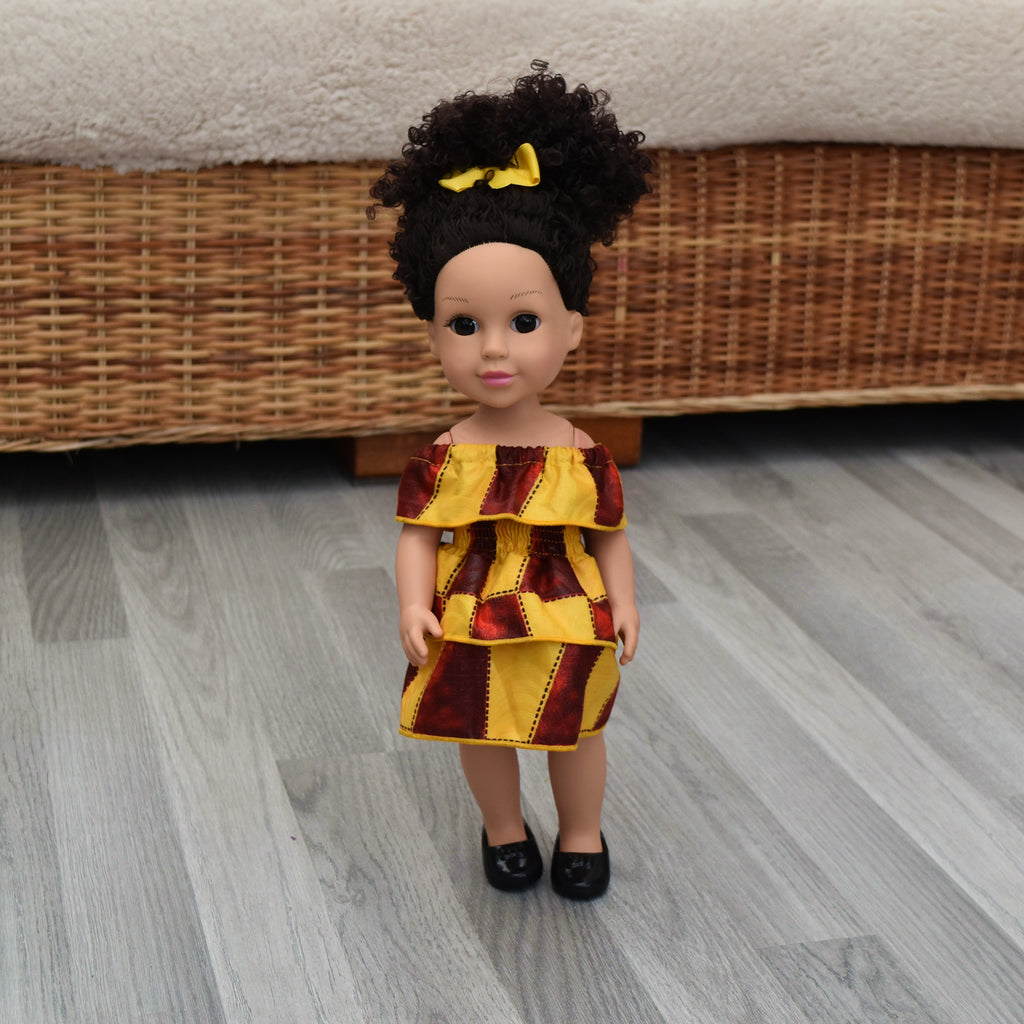 Black Doll in African Print Dress - Black Curly Hair doll - African Doll - Black Baby doll - Mix Race doll